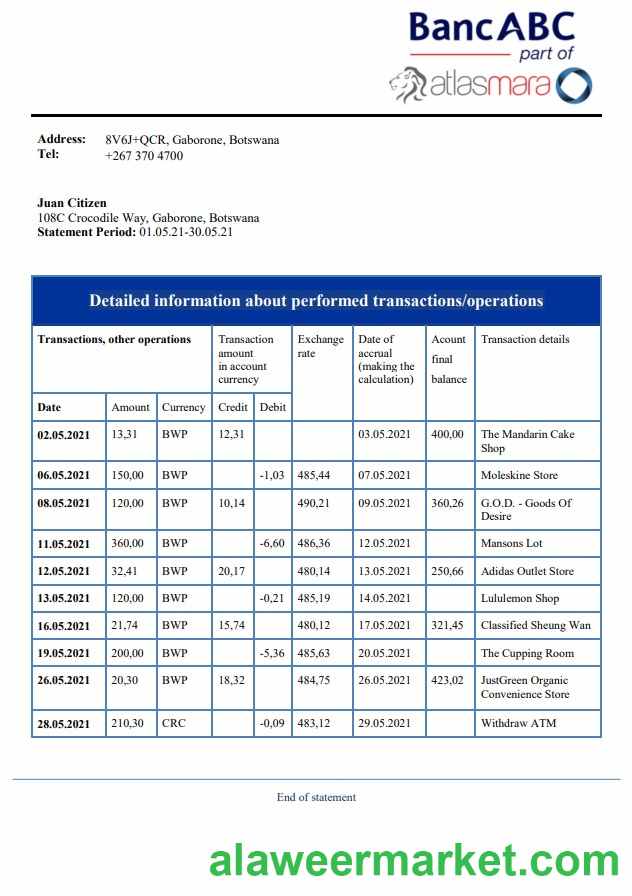 Botswana Bank ABC bank statement